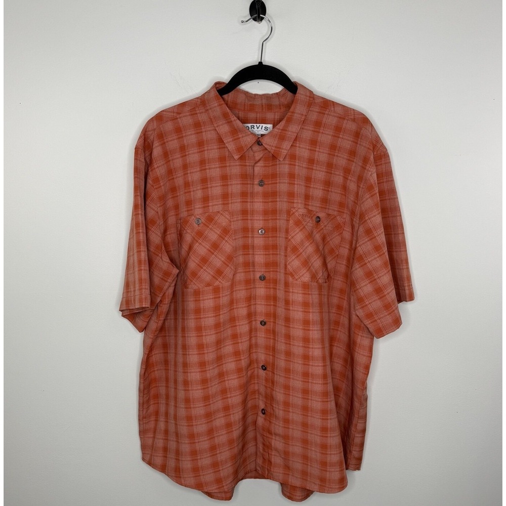 Orvis Men's Orange Plaid Button Shirt Size 2XL Fishing Quick Dry Vented Pockets